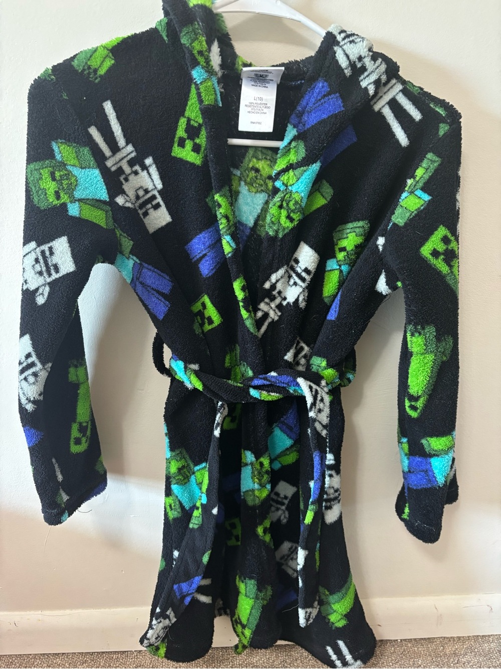 Kids Black Plush Robe with Green & Blue Character Print with hood
